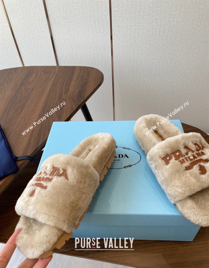 Prada Wool Flat Slides Sandal Beige2 2025 PR082507 (KL-250825024)