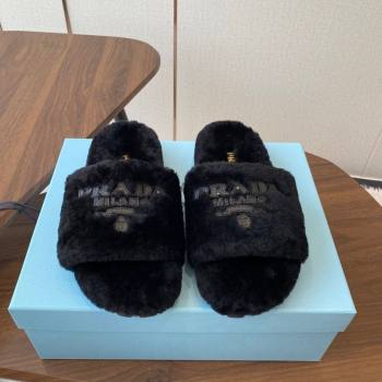 Prada Wool Flat Slides Sandal Black 2025 PR082507 (KL-250825025)