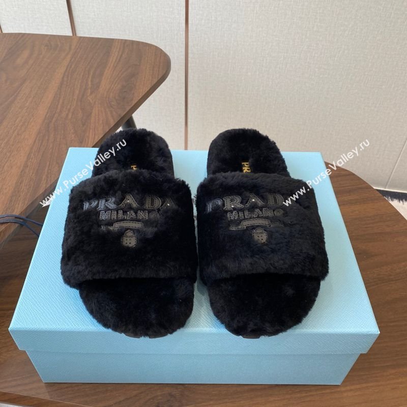 Prada Wool Flat Slides Sandal Black 2025 PR082507 (KL-250825025)