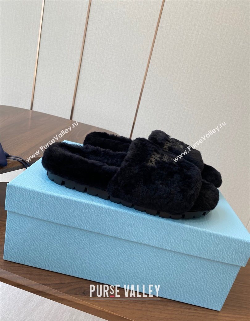 Prada Wool Flat Slides Sandal Black 2025 PR082507 (KL-250825025)