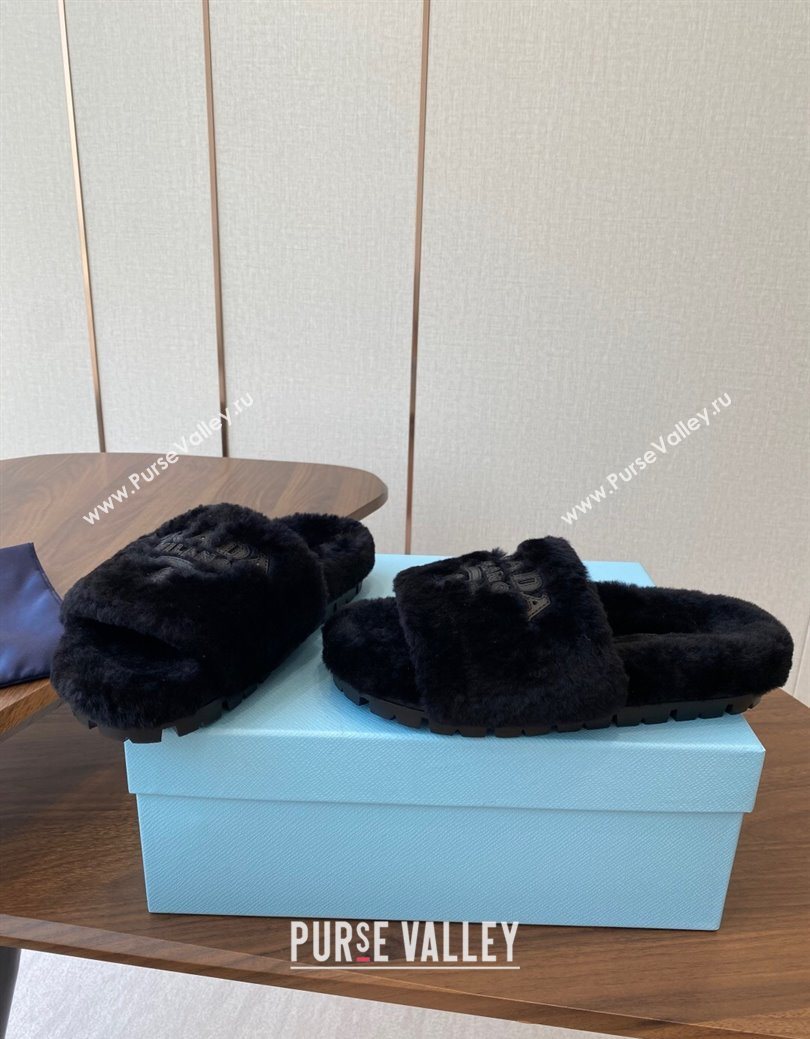 Prada Wool Flat Slides Sandal Black 2025 PR082507 (KL-250825025)