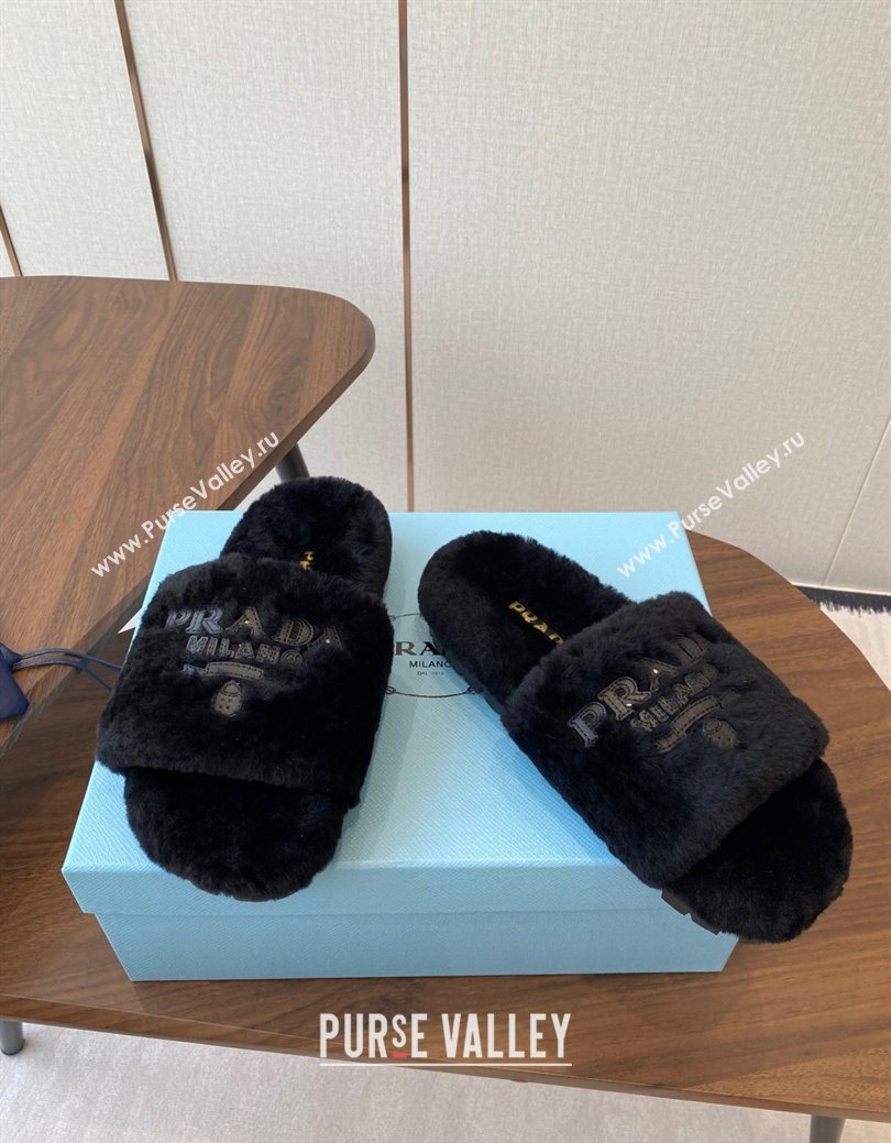 Prada Wool Flat Slides Sandal Black 2025 PR082507 (KL-250825025)
