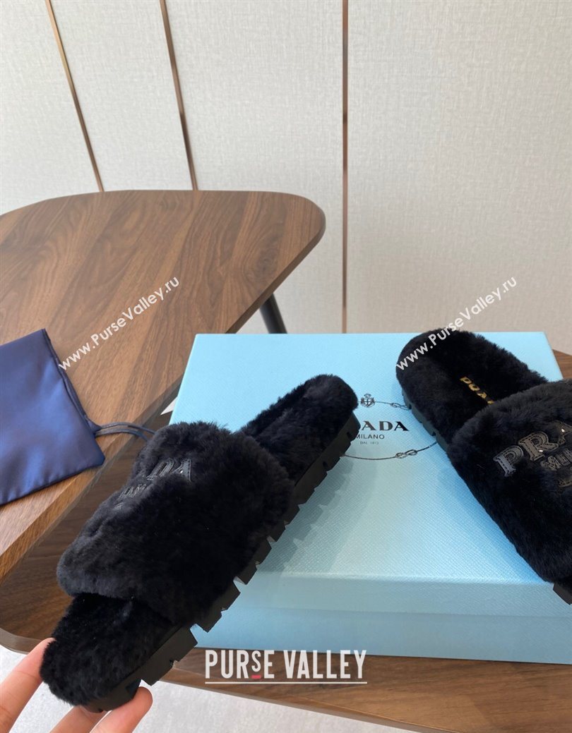 Prada Wool Flat Slides Sandal Black 2025 PR082507 (KL-250825025)