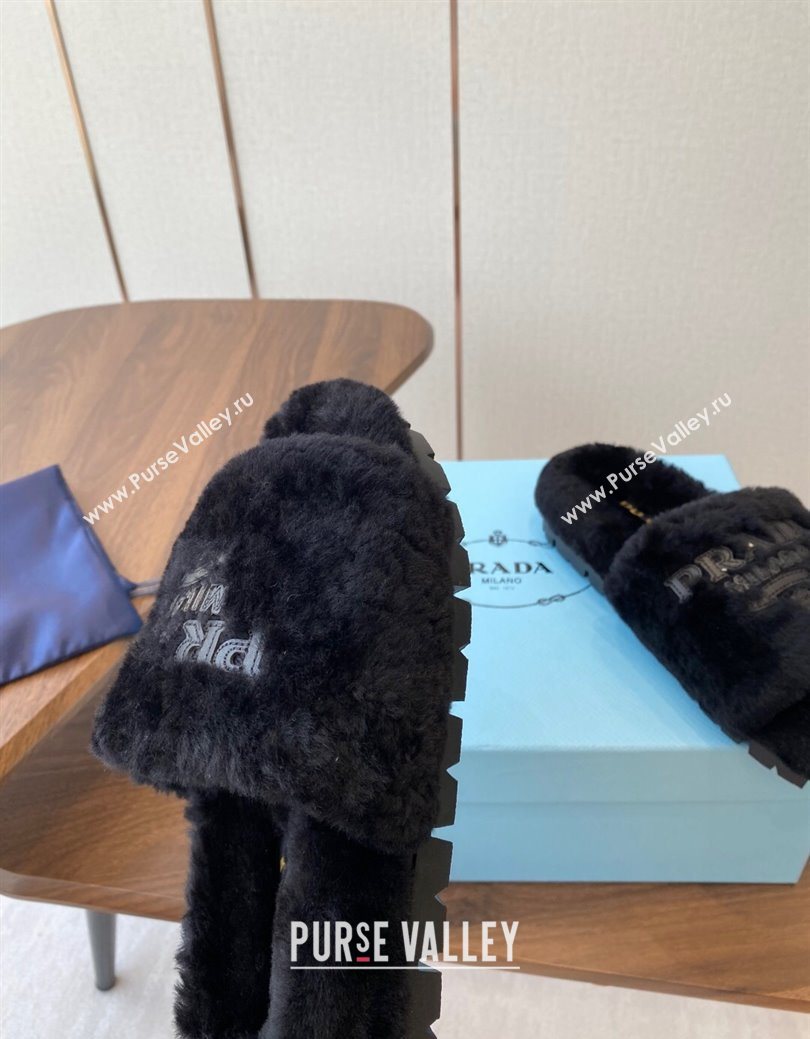 Prada Wool Flat Slides Sandal Black 2025 PR082507 (KL-250825025)