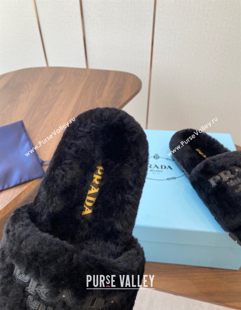 Prada Wool Flat Slides Sandal Black 2025 PR082507 (KL-250825025)