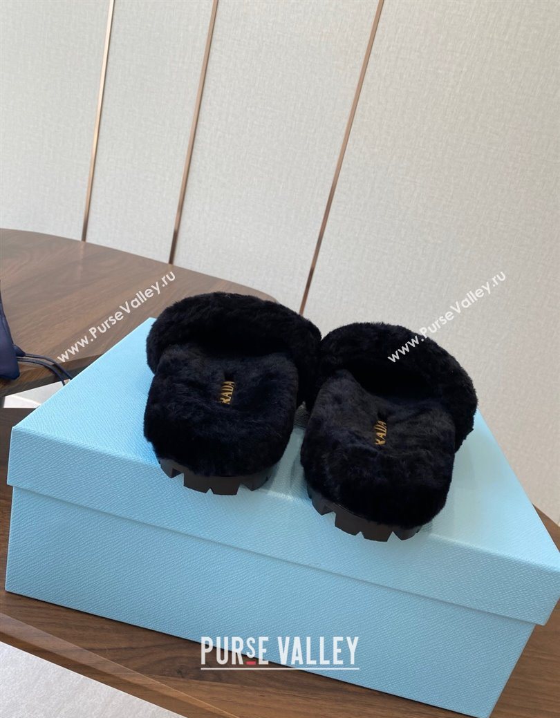 Prada Wool Flat Slides Sandal Black 2025 PR082507 (KL-250825025)