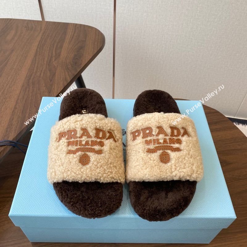 Prada Wool Flat Slides Sandal Beige/Brown 2025 PR082507 (KL-250825026)