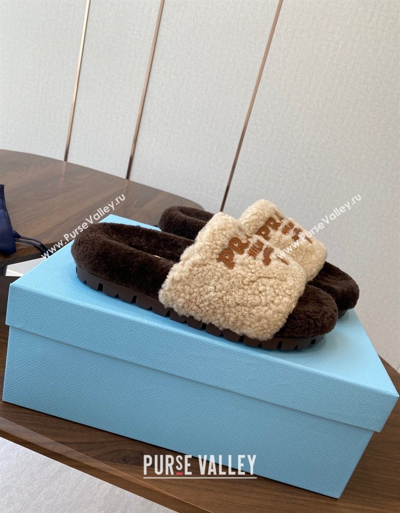 Prada Wool Flat Slides Sandal Beige/Brown 2025 PR082507 (KL-250825026)