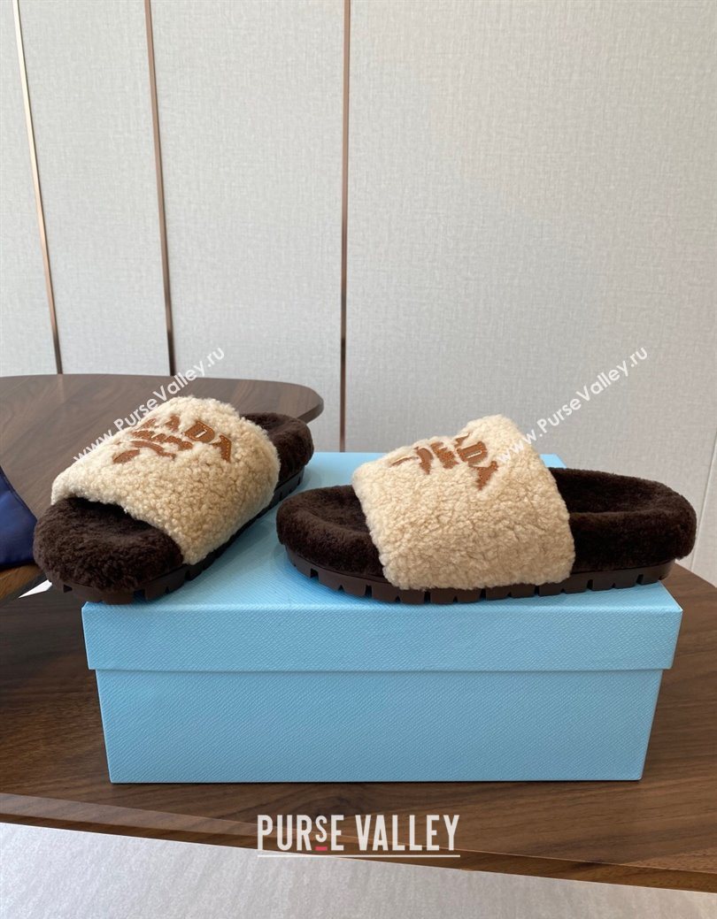 Prada Wool Flat Slides Sandal Beige/Brown 2025 PR082507 (KL-250825026)