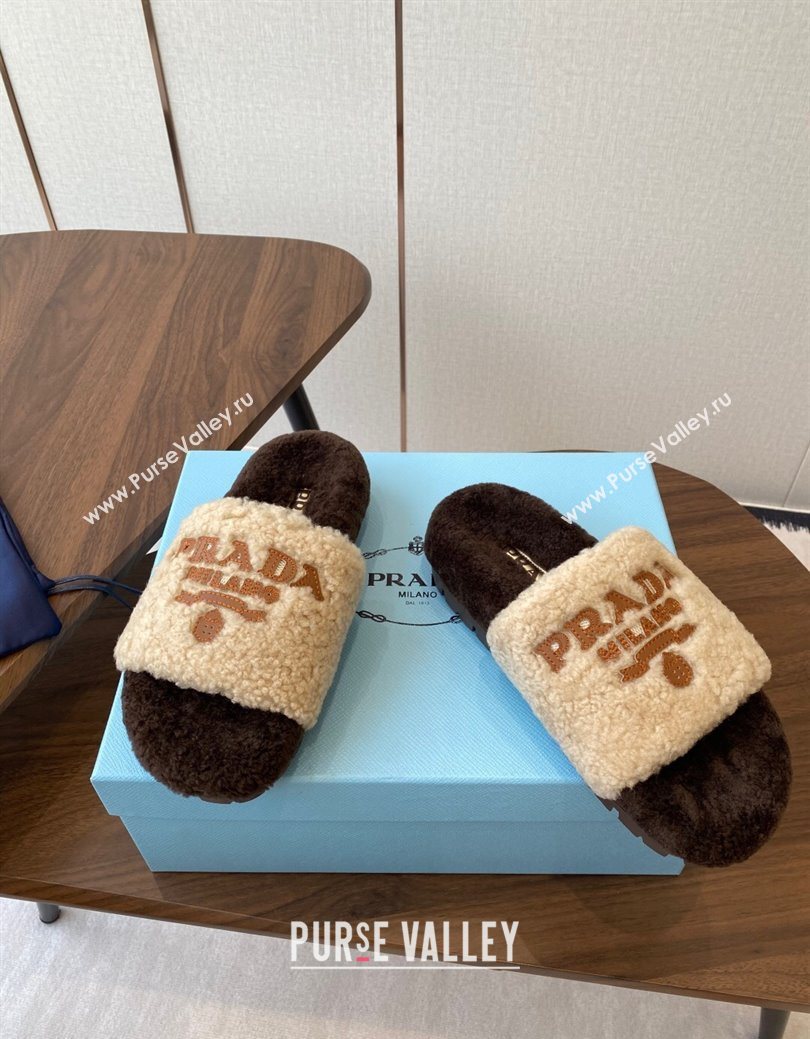 Prada Wool Flat Slides Sandal Beige/Brown 2025 PR082507 (KL-250825026)