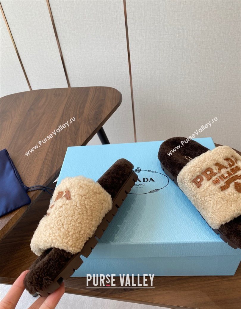 Prada Wool Flat Slides Sandal Beige/Brown 2025 PR082507 (KL-250825026)