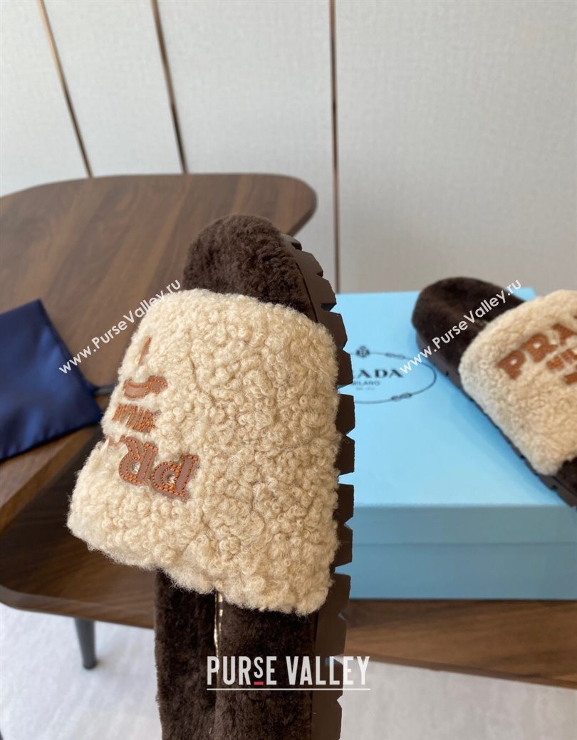 Prada Wool Flat Slides Sandal Beige/Brown 2025 PR082507 (KL-250825026)
