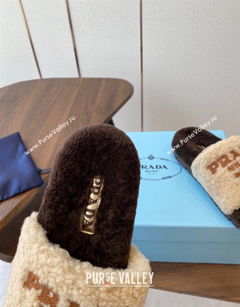 Prada Wool Flat Slides Sandal Beige/Brown 2025 PR082507 (KL-250825026)