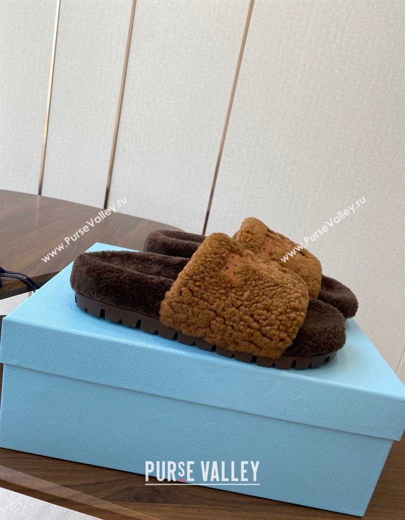 Prada Wool Flat Slides Sandal Dark Brown 2025 PR082507 (KL-250825027)