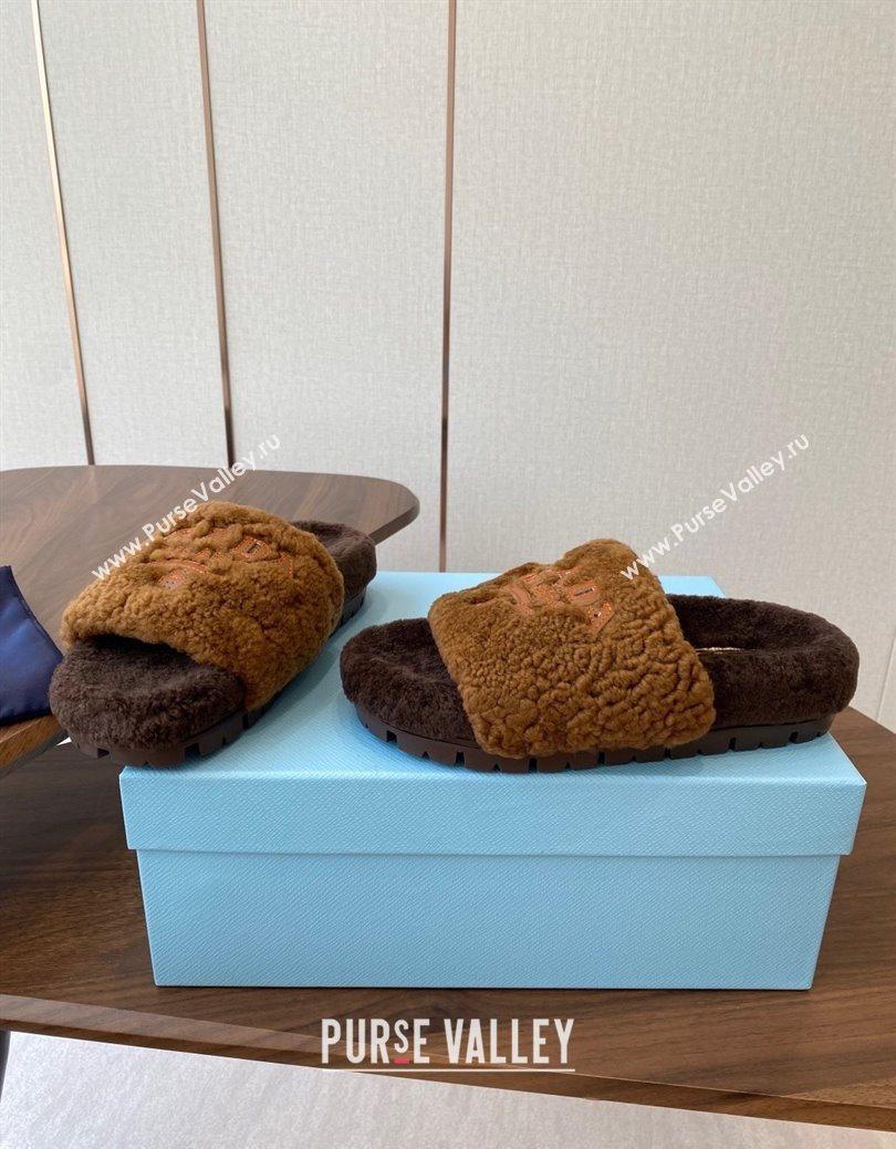 Prada Wool Flat Slides Sandal Dark Brown 2025 PR082507 (KL-250825027)