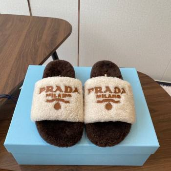 Prada Wool Flat Slides Sandal White/Brown 2025 PR082507 (KL-250825028)