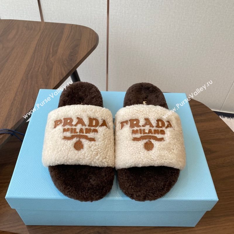 Prada Wool Flat Slides Sandal White/Brown 2025 PR082507 (KL-250825028)