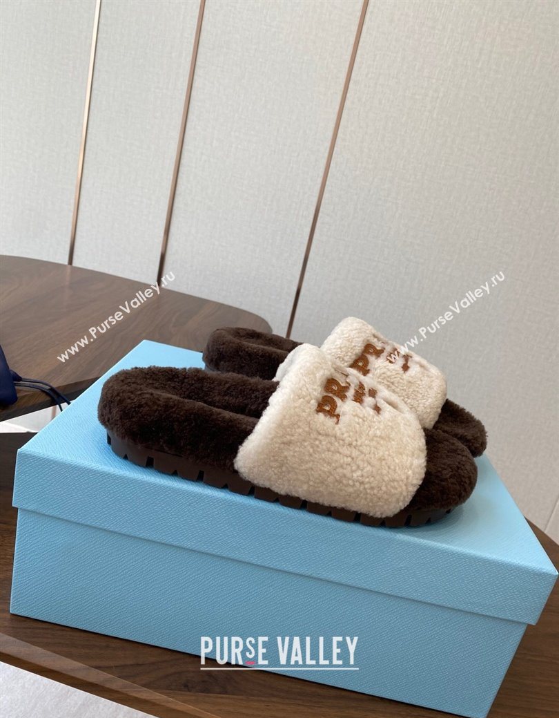 Prada Wool Flat Slides Sandal White/Brown 2025 PR082507 (KL-250825028)