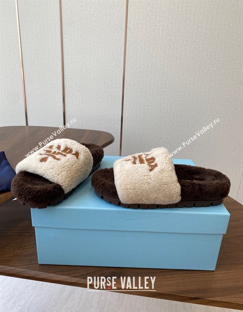 Prada Wool Flat Slides Sandal White/Brown 2025 PR082507 (KL-250825028)