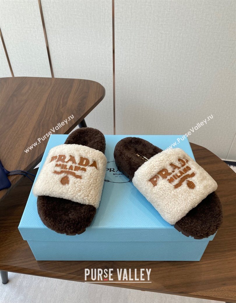 Prada Wool Flat Slides Sandal White/Brown 2025 PR082507 (KL-250825028)