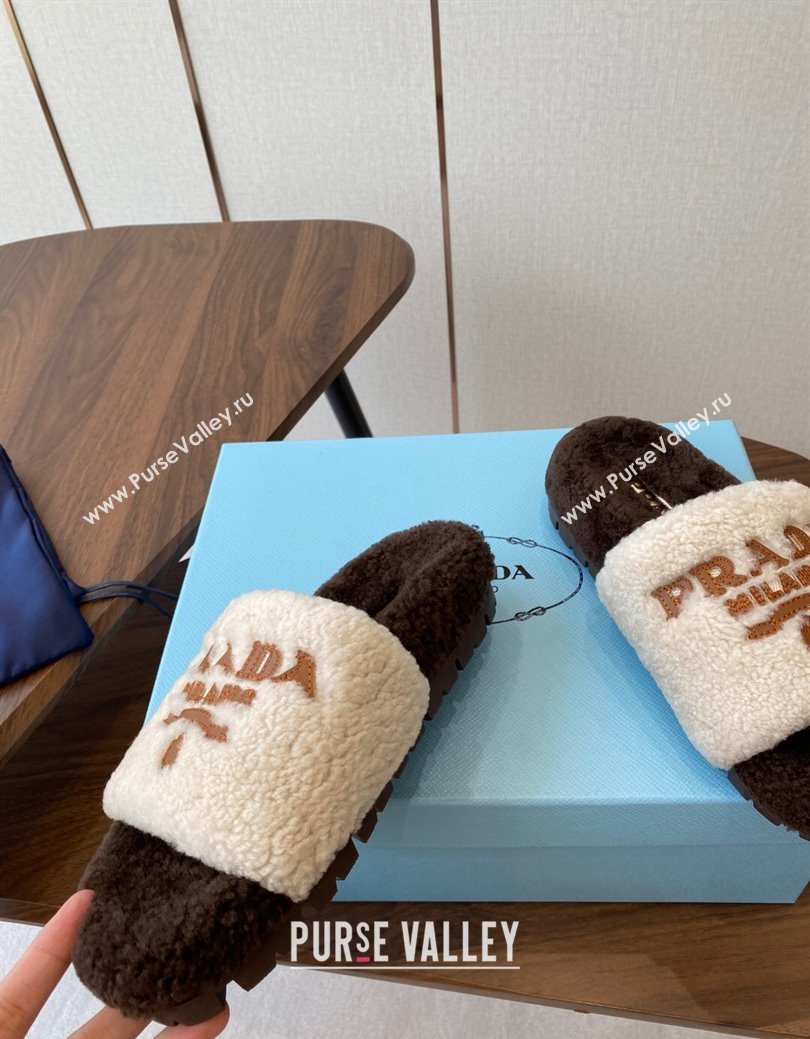 Prada Wool Flat Slides Sandal White/Brown 2025 PR082507 (KL-250825028)