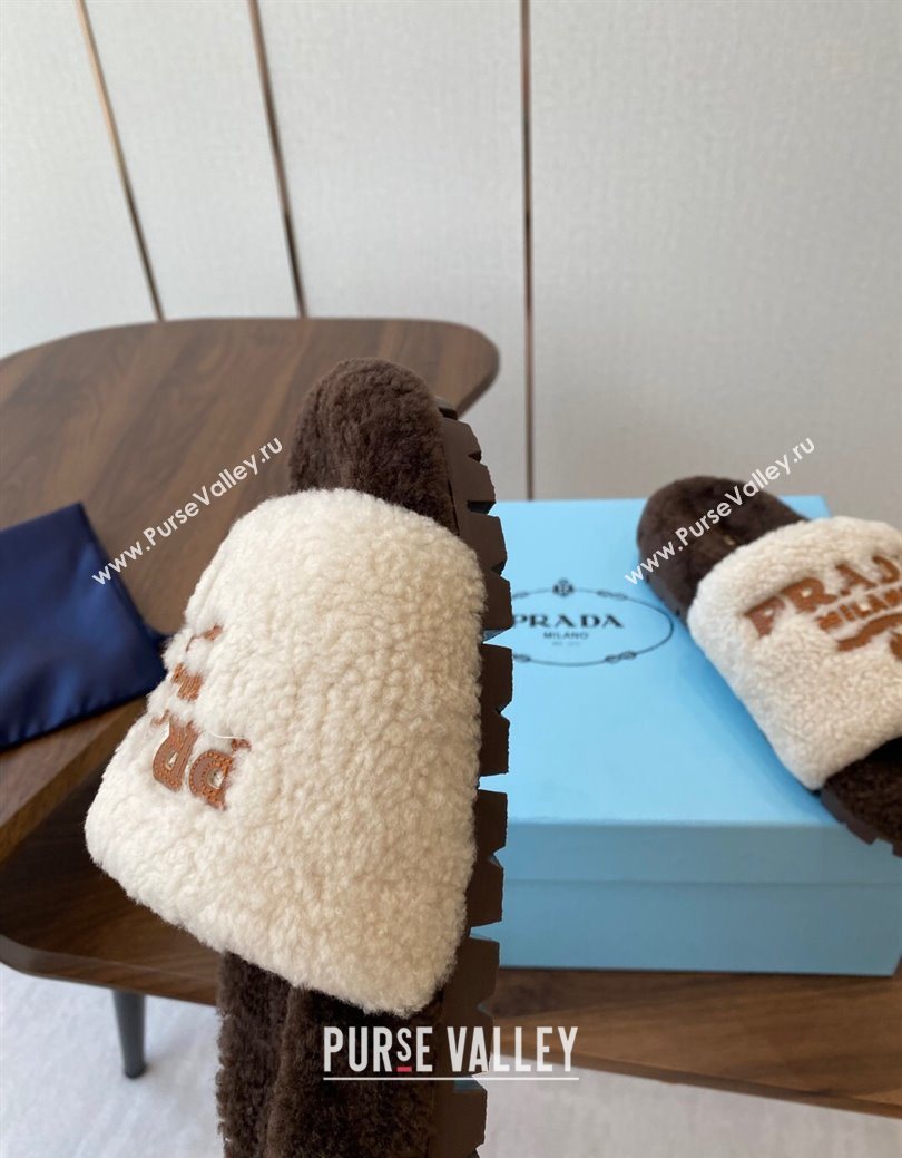 Prada Wool Flat Slides Sandal White/Brown 2025 PR082507 (KL-250825028)
