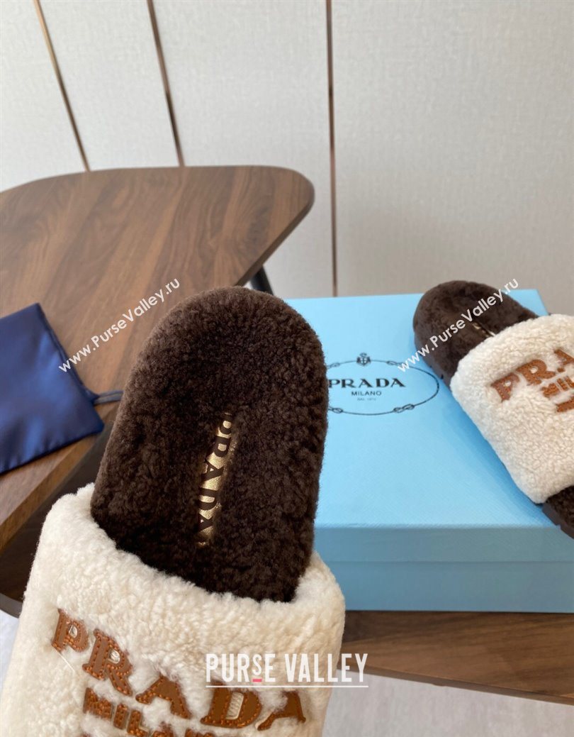 Prada Wool Flat Slides Sandal White/Brown 2025 PR082507 (KL-250825028)