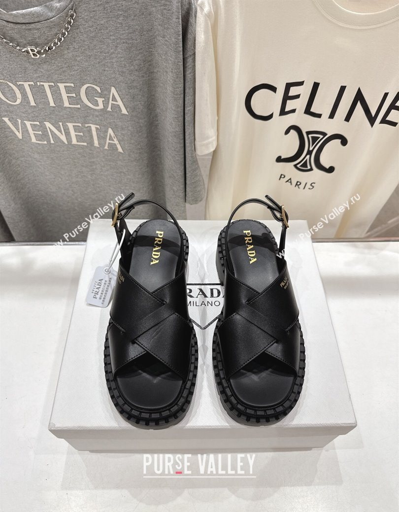 Prada Leather Platform crisscross sandals Black 2025 PR082503 (MD-250825013)