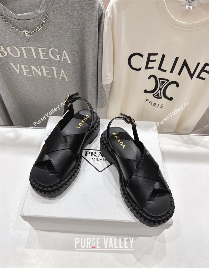 Prada Leather Platform crisscross sandals Black 2025 PR082503 (MD-250825013)