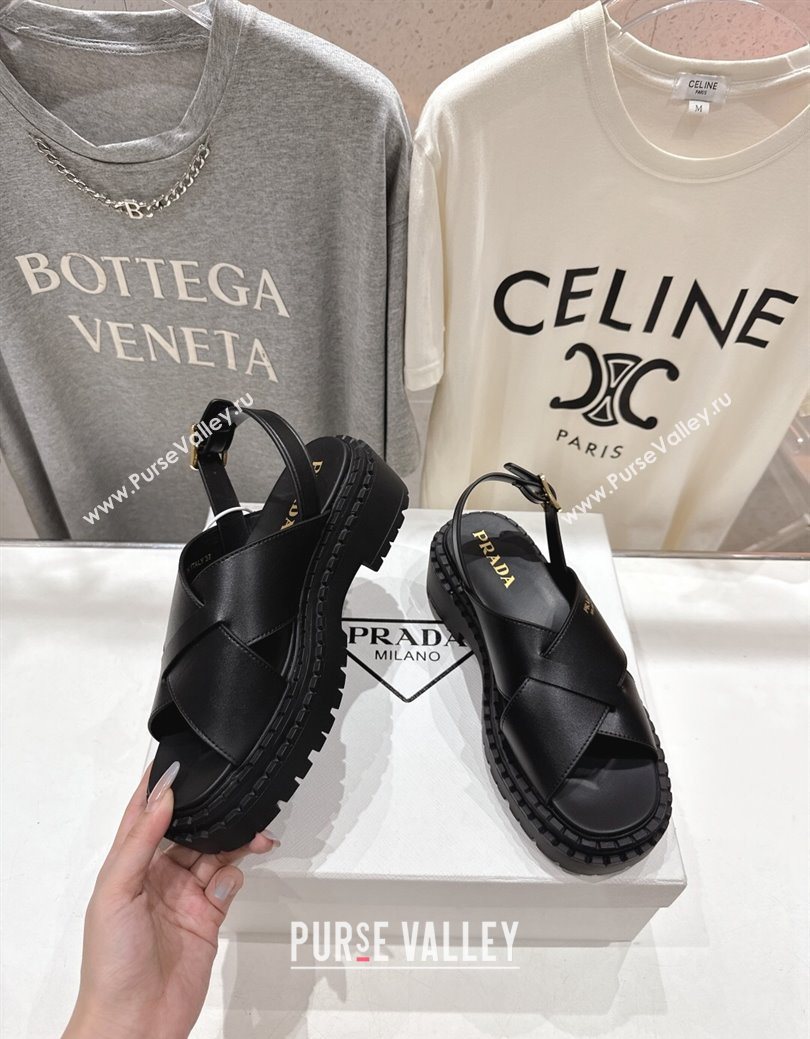 Prada Leather Platform crisscross sandals Black 2025 PR082503 (MD-250825013)