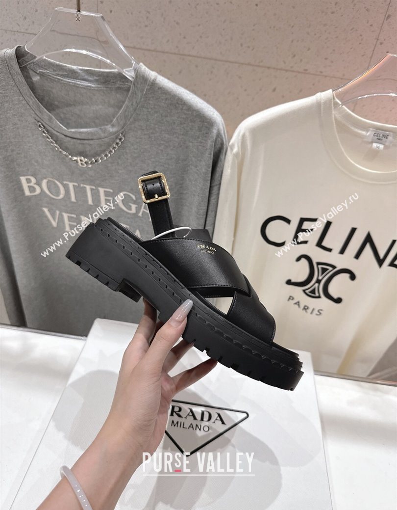 Prada Leather Platform crisscross sandals Black 2025 PR082503 (MD-250825013)