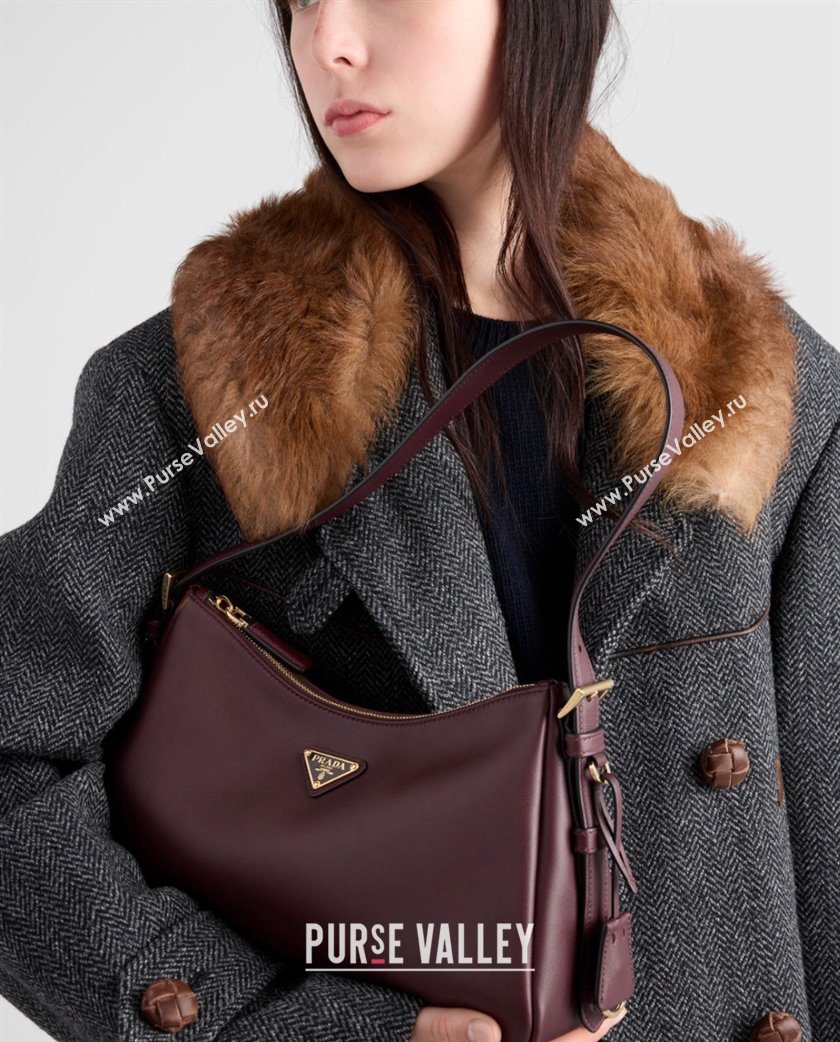 Prada Aimee medium leather shoulder bag 1BC228 Burgundy 2025 (YZ-250929041)