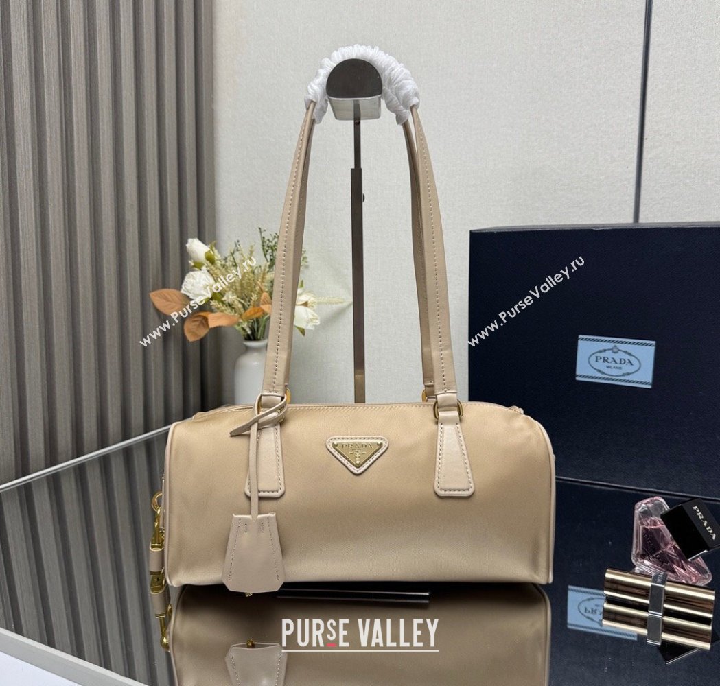 Prada Re-Nylon and leather medium top-handle bag with padlock 1BB127 Beige 2025 (YZ-250927041)
