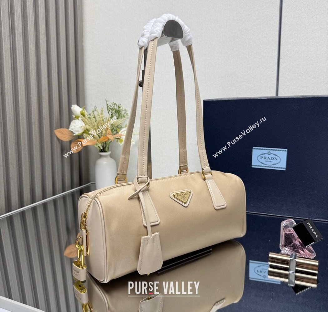 Prada Re-Nylon and leather medium top-handle bag with padlock 1BB127 Beige 2025 (YZ-250927041)