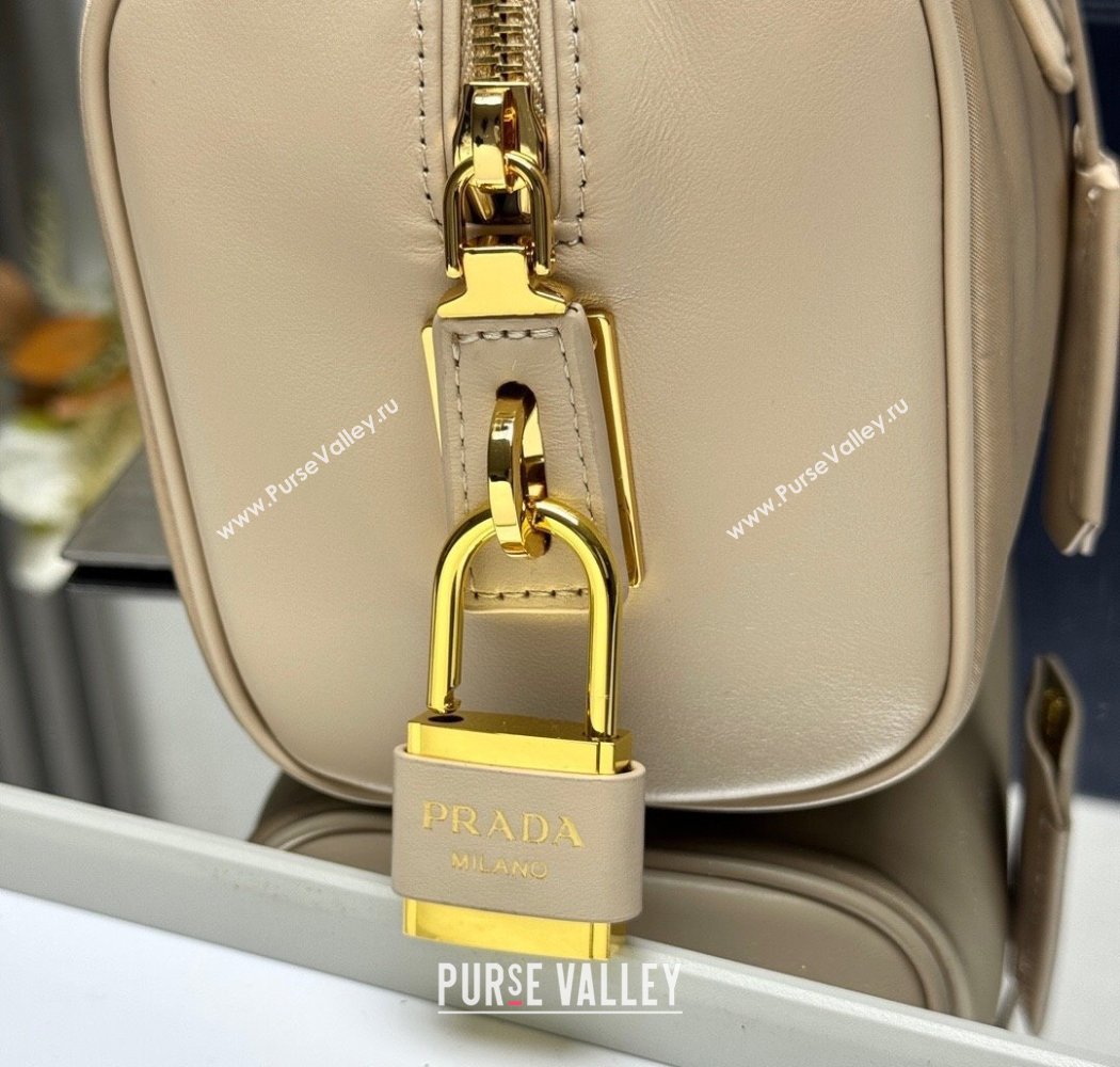 Prada Re-Nylon and leather medium top-handle bag with padlock 1BB127 Beige 2025 (YZ-250927041)