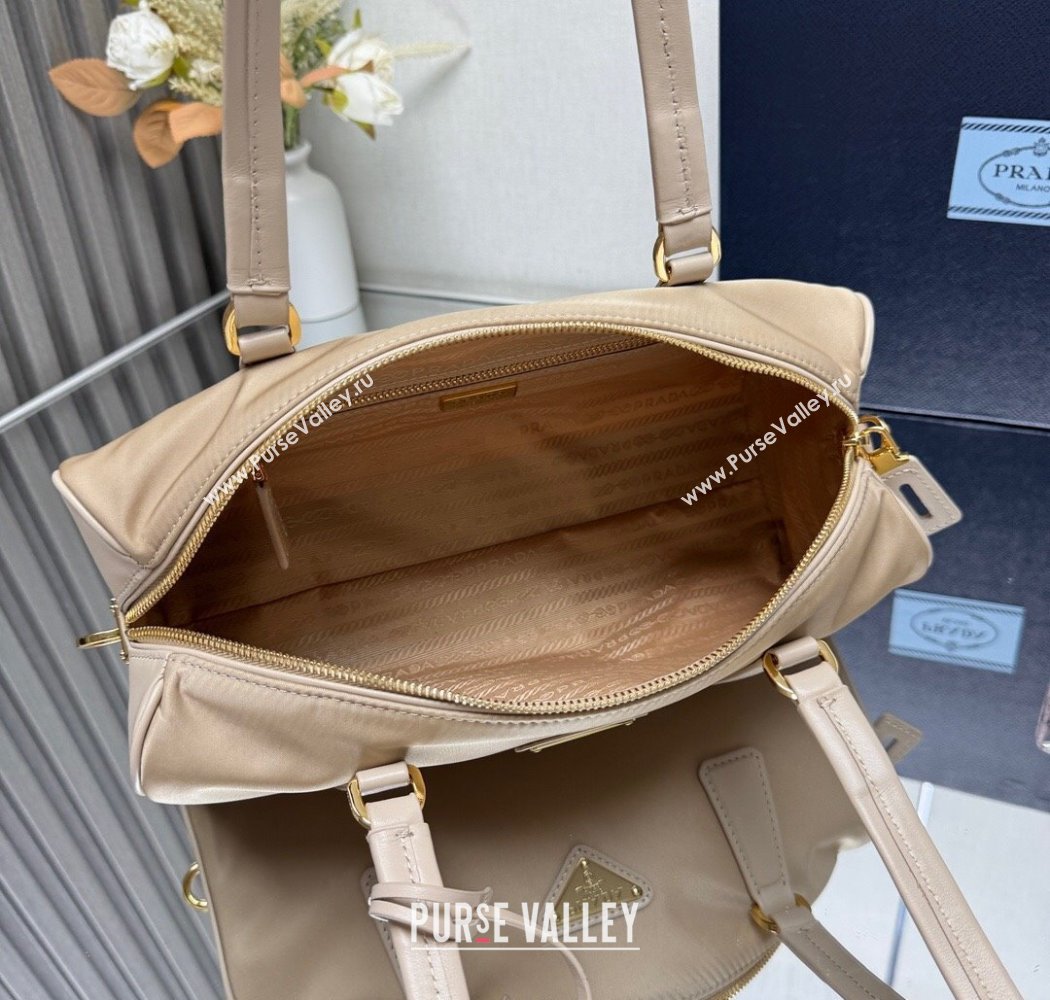 Prada Re-Nylon and leather medium top-handle bag with padlock 1BB127 Beige 2025 (YZ-250927041)