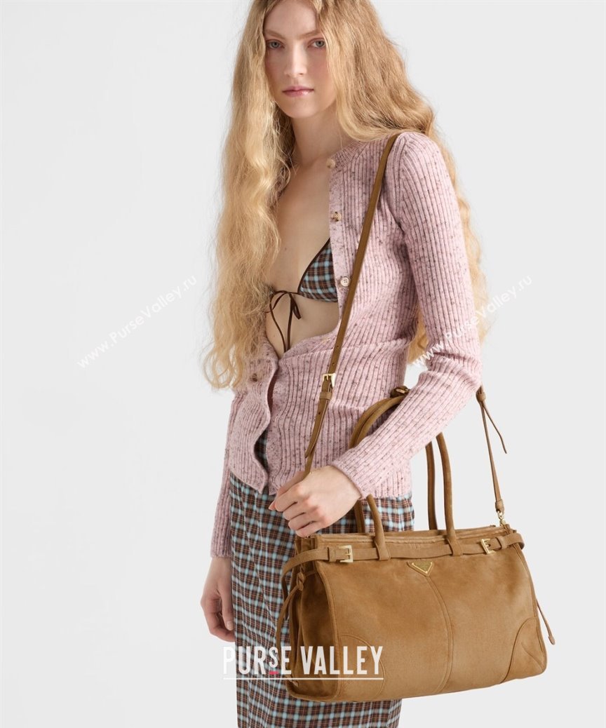 Prada Bonnie large suede handbag 1BA433 Cinnamon Brown 2025 (YZ-250927045)