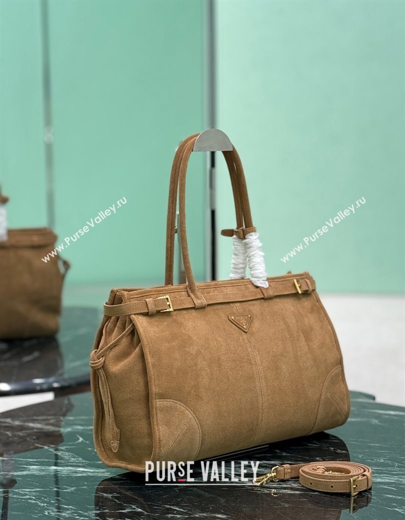 Prada Bonnie large suede handbag 1BA433 Cinnamon Brown 2025 (YZ-250927045)