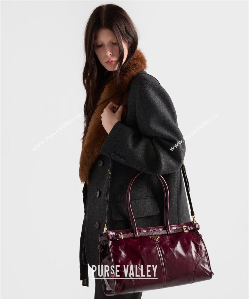 Prada Bonnie large leather handbag 1BA433 Burgundy 2025 (YZ-250929031)