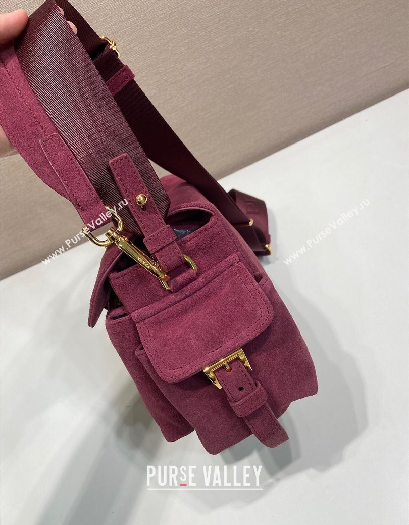 Prada Explore medium suede shoulder bag with flap Burgundy 2025 1BD394 (YZ-250929032)