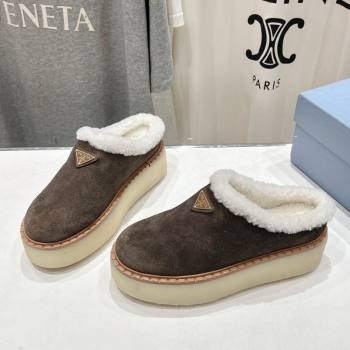 Prada Suede and Wool Platform Mules Dark Brown 2025 1S715N (MD-251027007)