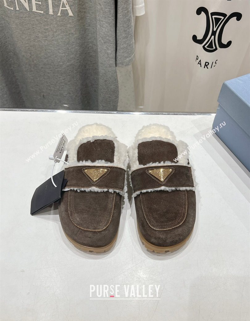 Prada Suede and Shearling Slippers Dark Brown 2025 PR101107 (MD-251027004)