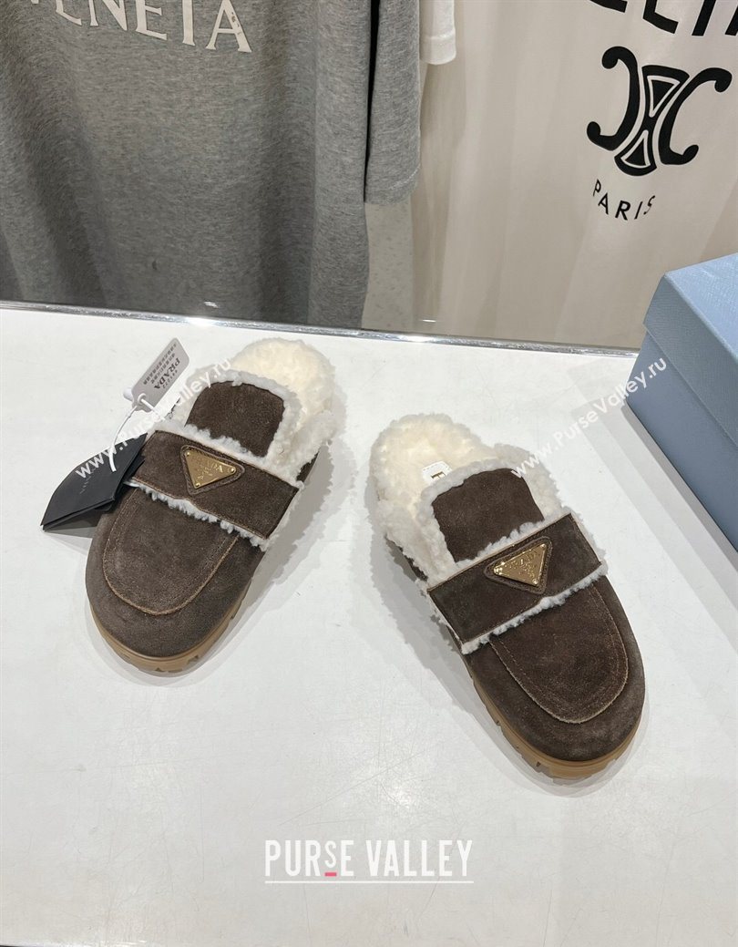 Prada Suede and Shearling Slippers Dark Brown 2025 PR101107 (MD-251027004)