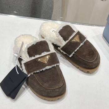 Prada Suede and Shearling Slippers Dark Brown 2025 PR101107 (MD-251027004)