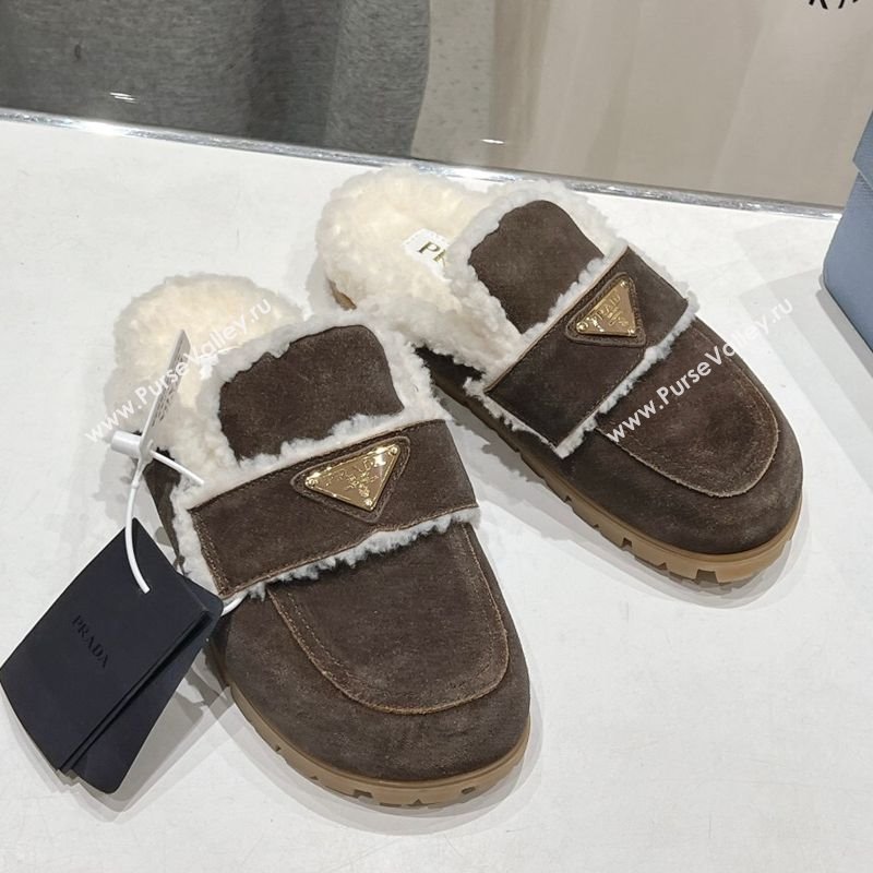 Prada Suede and Shearling Slippers Dark Brown 2025 PR101107 (MD-251027004)