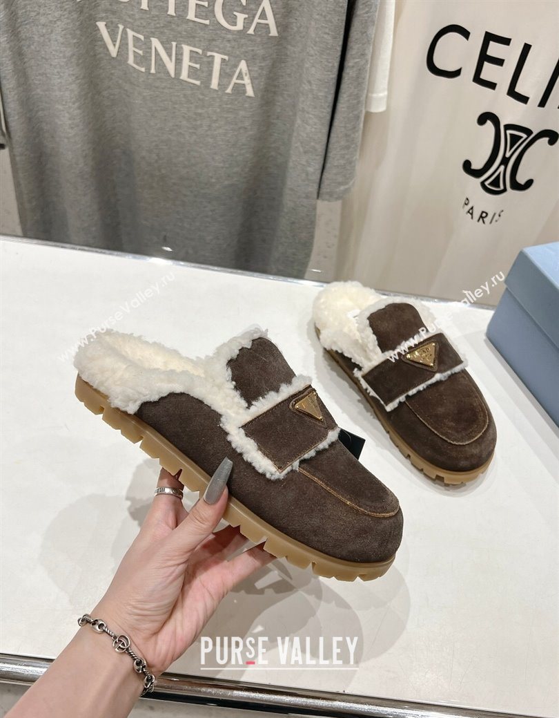 Prada Suede and Shearling Slippers Dark Brown 2025 PR101107 (MD-251027004)