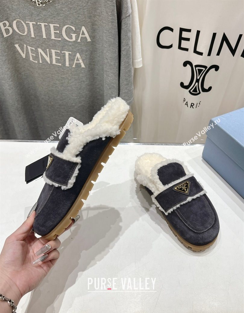 Prada Suede and Shearling Slippers Dark Grey 2025 PR101107 (MD-251027006)