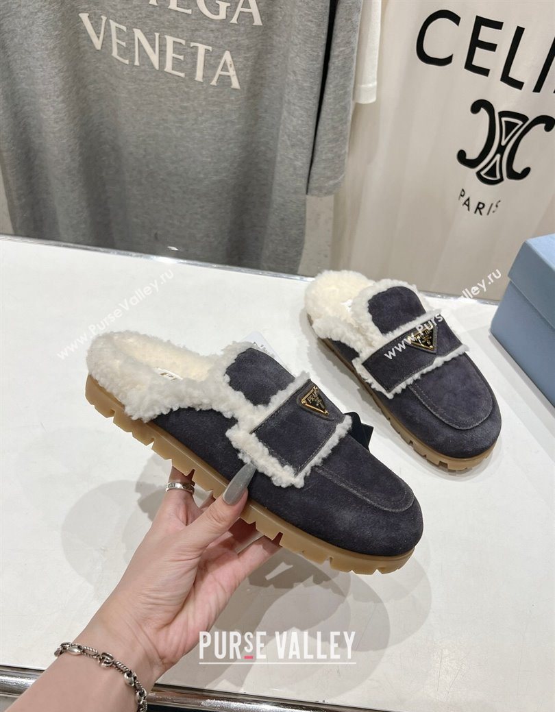 Prada Suede and Shearling Slippers Dark Grey 2025 PR101107 (MD-251027006)