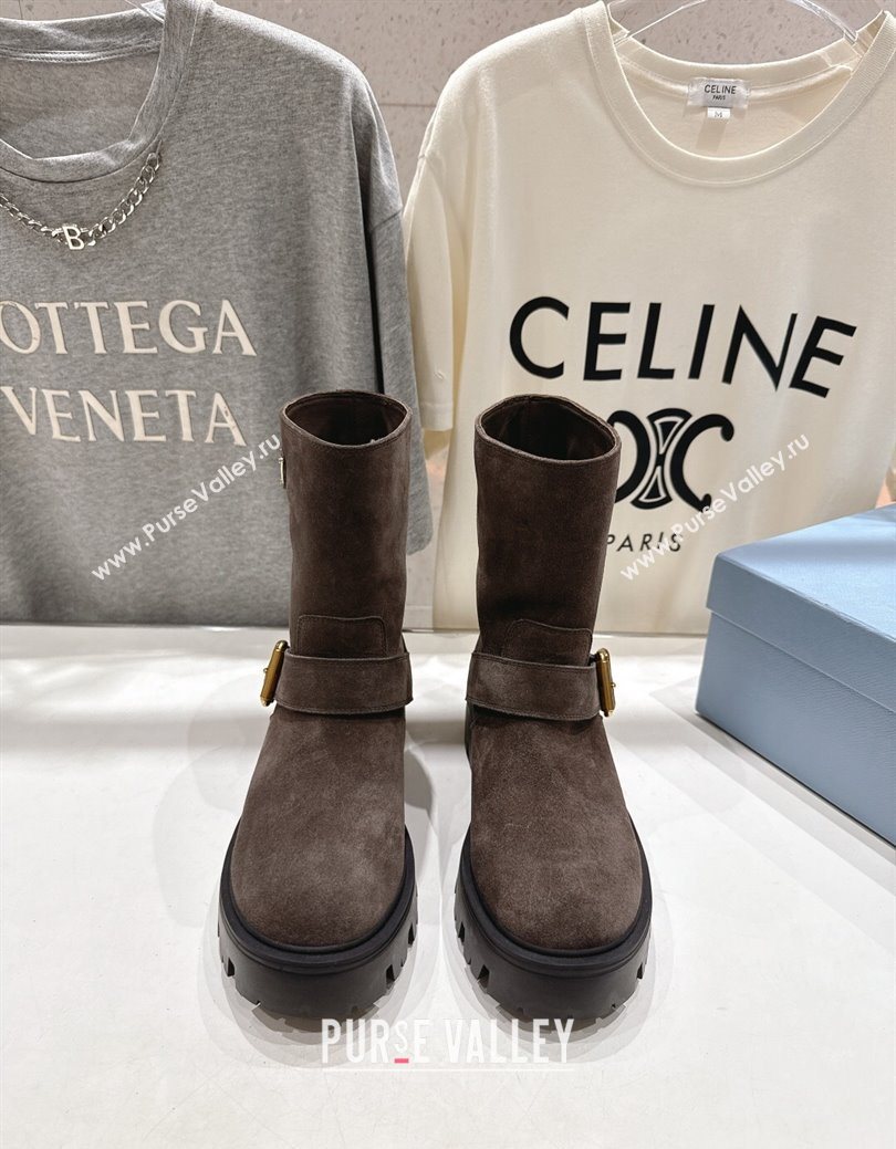 Prada Suede Platform Booties 5cm with Buckle Dark Brown 2025 1U187O (MD-251027068)