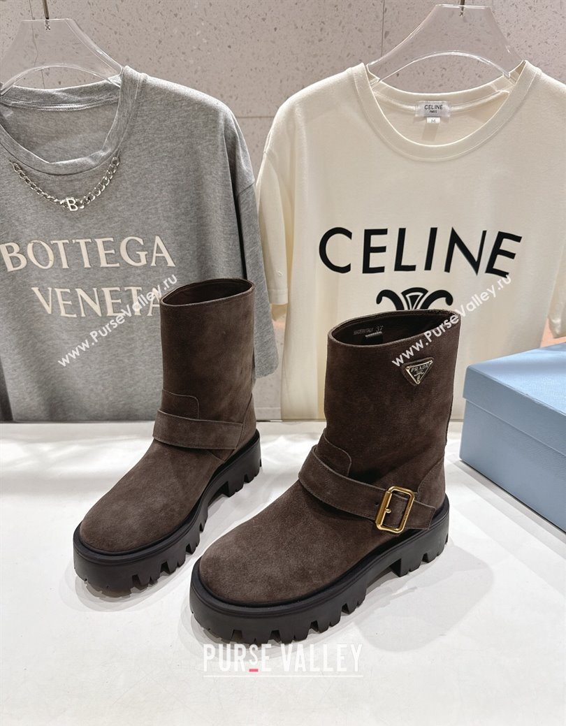 Prada Suede Platform Booties 5cm with Buckle Dark Brown 2025 1U187O (MD-251027068)